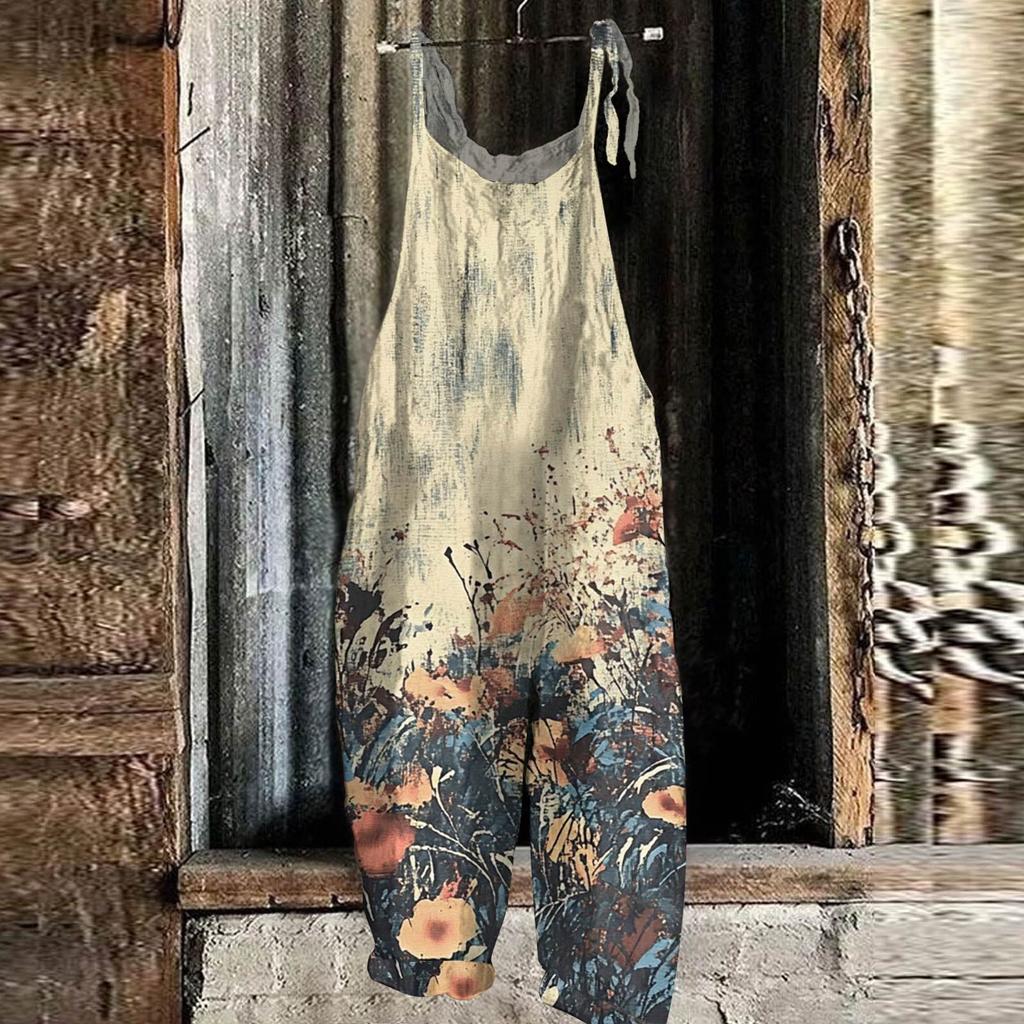 Women's Jumpsuit Floral Print Casual Loose Vintage Shoulder Strap Cotton Linen
