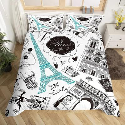 Paris Duvet Cover Queen Size Blue Eiffel Tower Comforter Cover France Famous Buildings Print Bedding Set Black White Quilt Cover