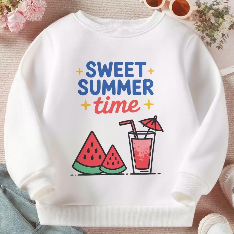 Kids Crewneck Long Sleeve Sweatshirt, Cute Watermelon Drink Graphic Print