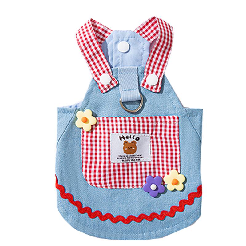 Cat Clothes Spring Thin Plaid Pocket Denim Strap Skirt Blue Cat Kitten Hairless Cat Dog Pet Clothes