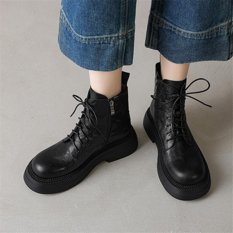 Fashion New Autumn/winter Genuine Leather Women Boots Round Toe Shoes for Women Fashion Boots Mid Heels Lace Side Zipper Platform Boots