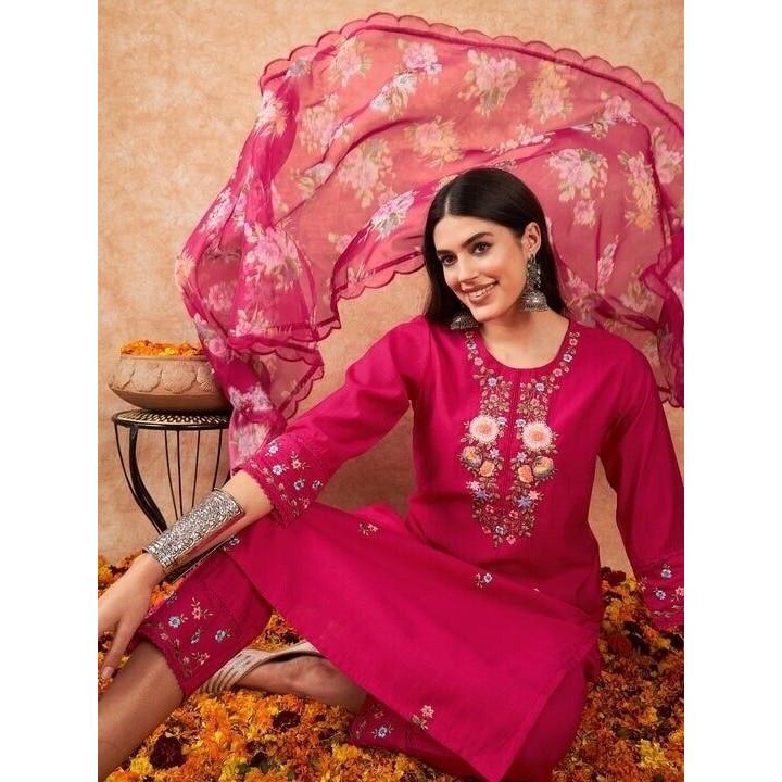 Indian Viscose Chanderi Kurta Set Women Wedding Wear Kurti Pant Dupatta Set V-101