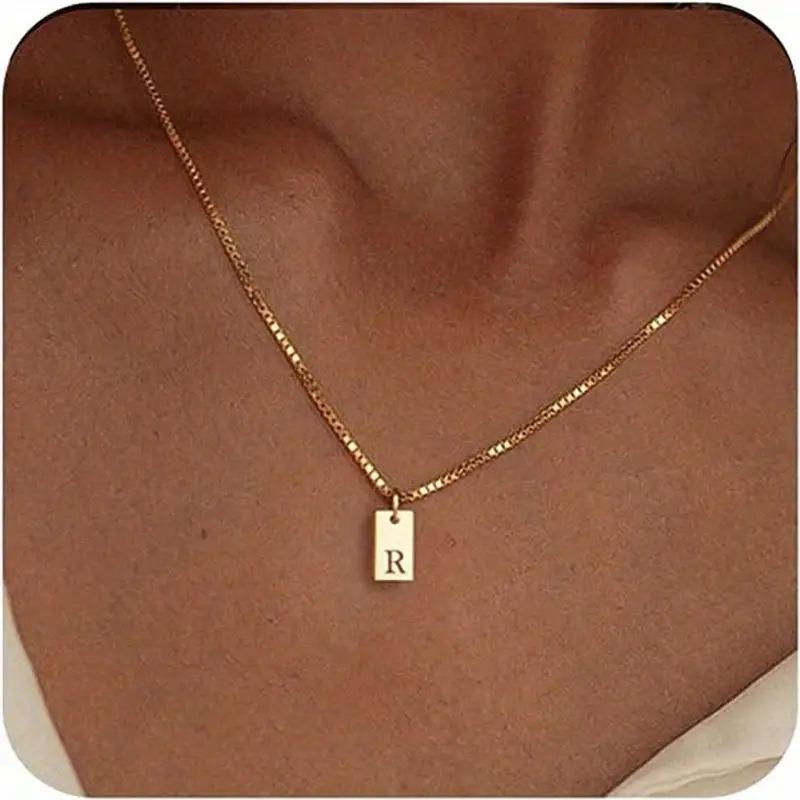Exclusive 18K Gold Vacuum-Plated Stainless Steel Engraved Square Pendant Necklace with Alphabet Letters