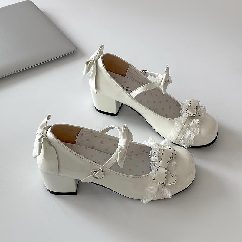 Pantofi drăguți din dantelă JK pentru femei, pantofi Mary Jane, pantofi de piele cu fundă papion la modă, pantofi cu toc pentru rochie de petrecere pentru exterior pentru femei