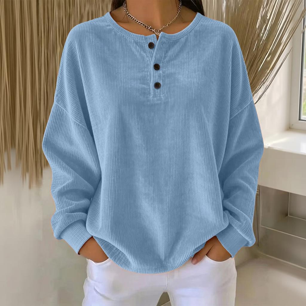 Women's Casual Long Sleeve Button Down Round Neck Loose Fit Top