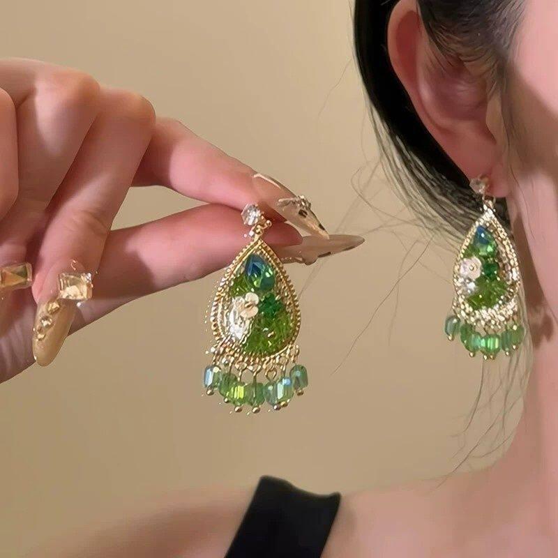Medieval Silver Needle with Diamond Resin Water Drop Flower Fringed Stud Earrings Retro Ethnic Style Earrings Design Sense Niche Earrings