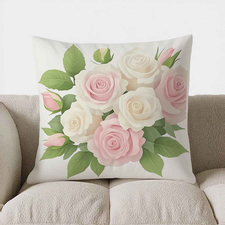 Home Decor Pink Roses And White Flowers Cushion Cover Pattern Cushion Cover Suitable For Sofa Bedroom Car Pillow Cover