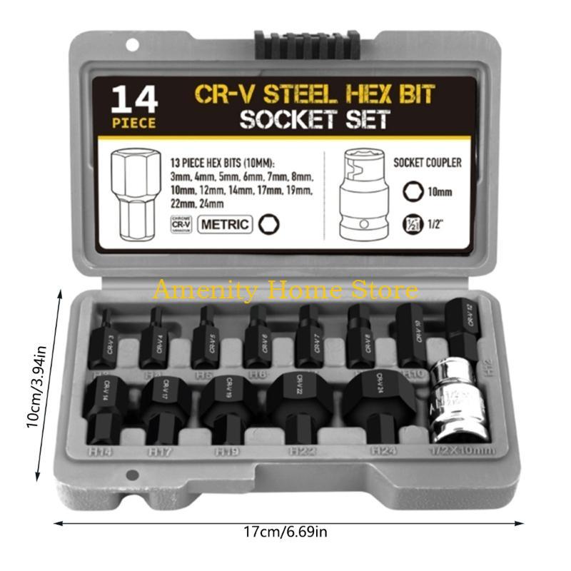 F26C Complete 14Pcs Hex Bit Impact Socket Set Suitable for 1/2"(12.5mm) Ratchet Wrenches and Power Tool Professional Tools