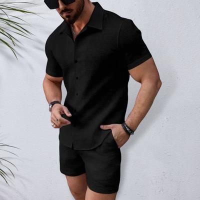 2Pcs/Set Men Outfit Lapel Short Sleeve Shirt Tops Elastic Drawstring Waist Pockets Shorts Set Solid Color Beach Outfit