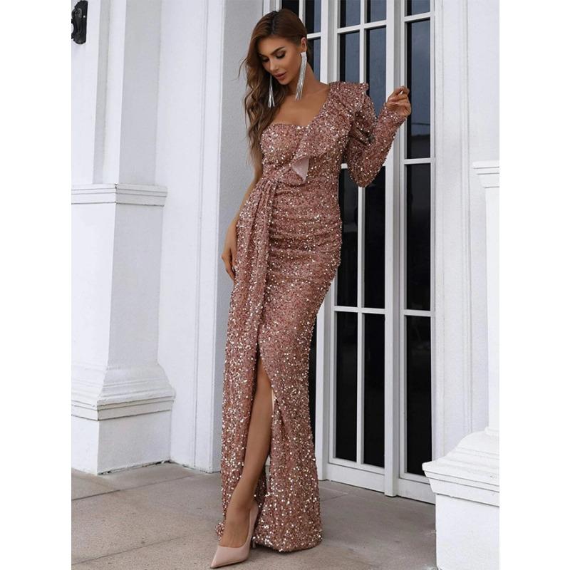 Frühling und Herbst Damen Kleid Hot Gold Swing Sexy lange Schleppe Bankett Abendkleid