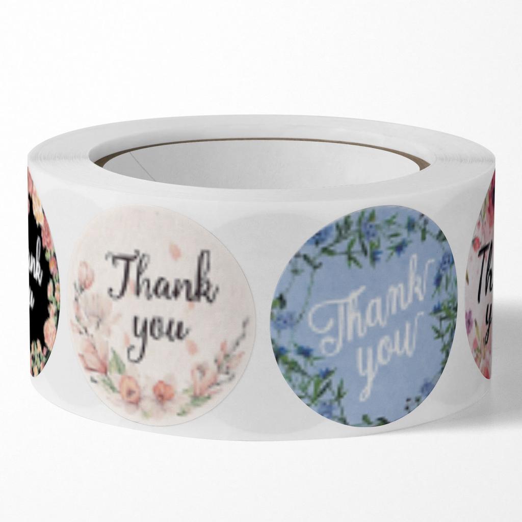 Floral Thank You Stickers Roll - 500 Pieces/roll Thank You Stickers Labels for Envelopes, Bubble Mailers and Gift Bags Packaging