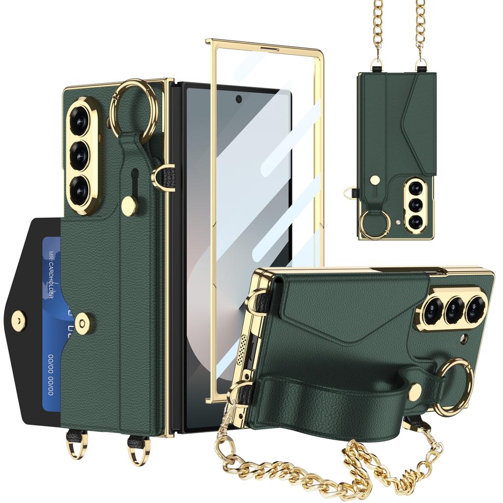 GKK For Samsung Galaxy Z Fold6 5G Case with PU Strap Kickstand/Metal Chain Electroplated PC Tempered Glass Phone Cover