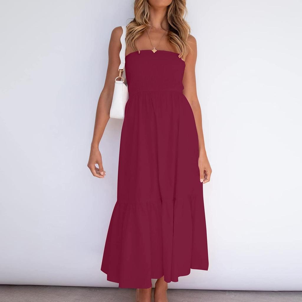 Strapless Dress For Women Color Summer Beach Boho Smocked Tube Top Long Dress