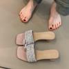 Sheepskin version~ Rhinestone slippers femininity gentle open-toed square head cool slippers high heels