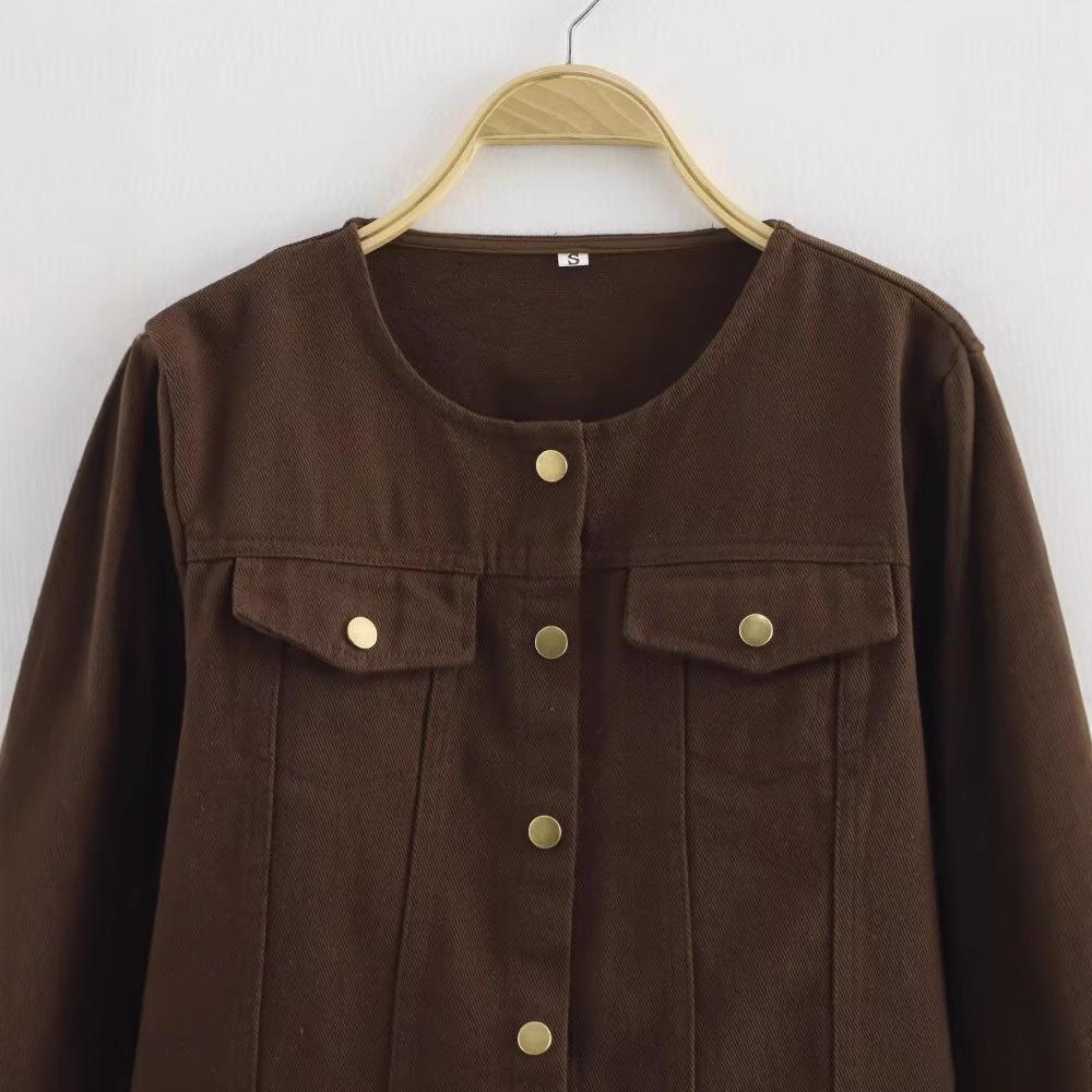 2025 Spring Women's European & American Style Brown Crew Neck Jacket and High Waist Pants Set