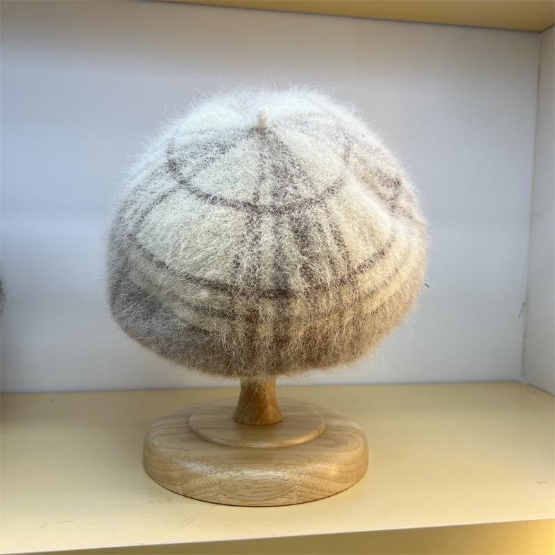 Autumn and winter new plaid angora rabbit fur wool beret british retro painter hat shows small face