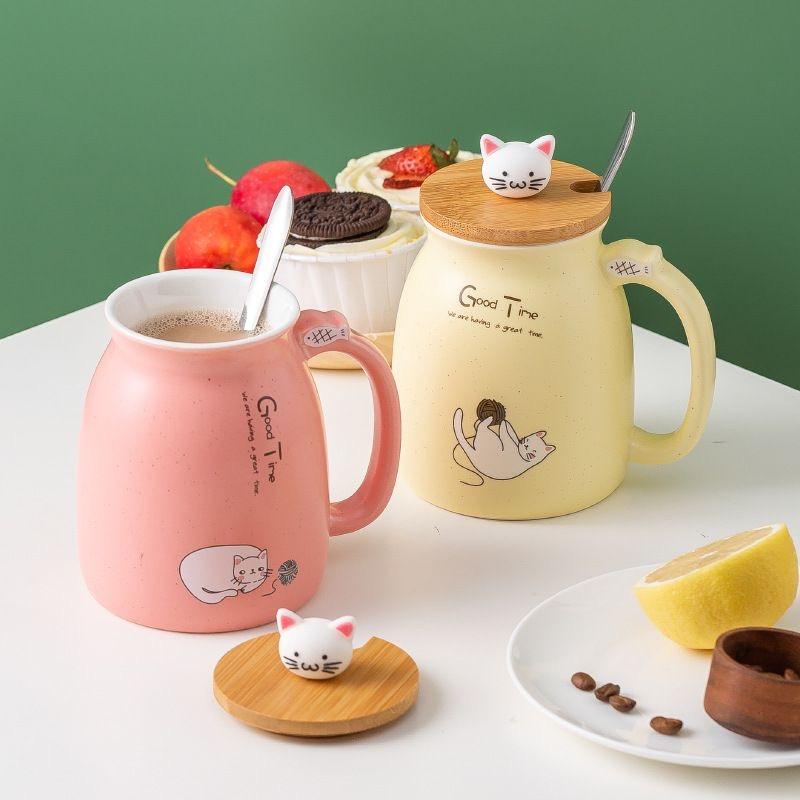 Cute Cartoon Cat Ceramic Mug with Lid and Spoon – Breakfast Coffee Cup
