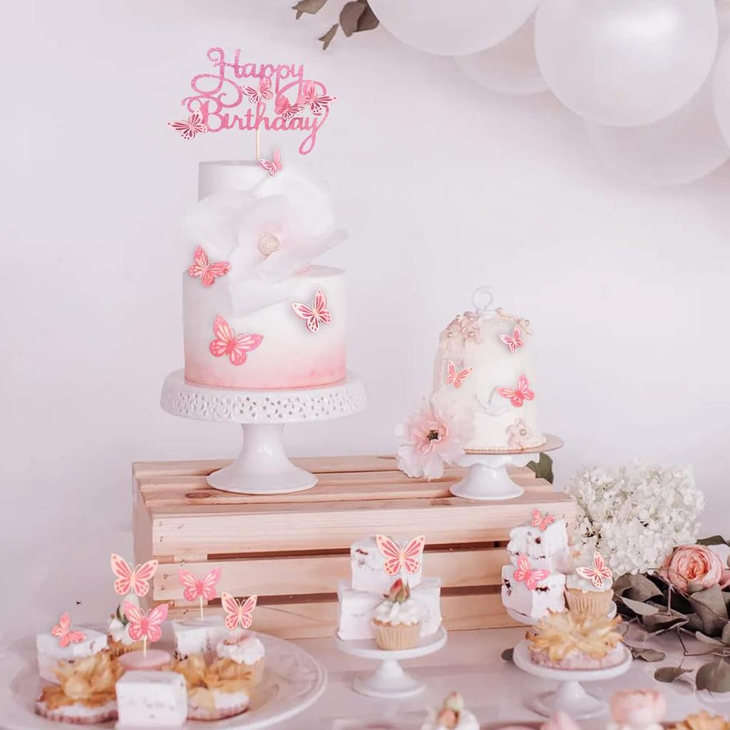 13pcs Pink Butterfly Cake Toppers Happy Birthday Cake Topper 3D Butterfly Decorations for Baby Shower Birthday Cake Decorations