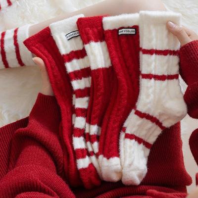6 Pairs Winter New Year Velvet Socks With Red White Stripes For Women Mid Tube Socks Girls Warm Plush Red Socks Christmas Gift