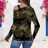 Women Plus Size Camouflage Printed Asymmetric Cutout Neck Cold Shoulder Long Sleeve Fitted Top
