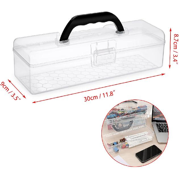 BTSKY 3 Pack Long Plastic Pencil Box Portable Clear Home Utility Boxes with Black Handle Stationery Storage Organizer Painting Tool Storage Container
