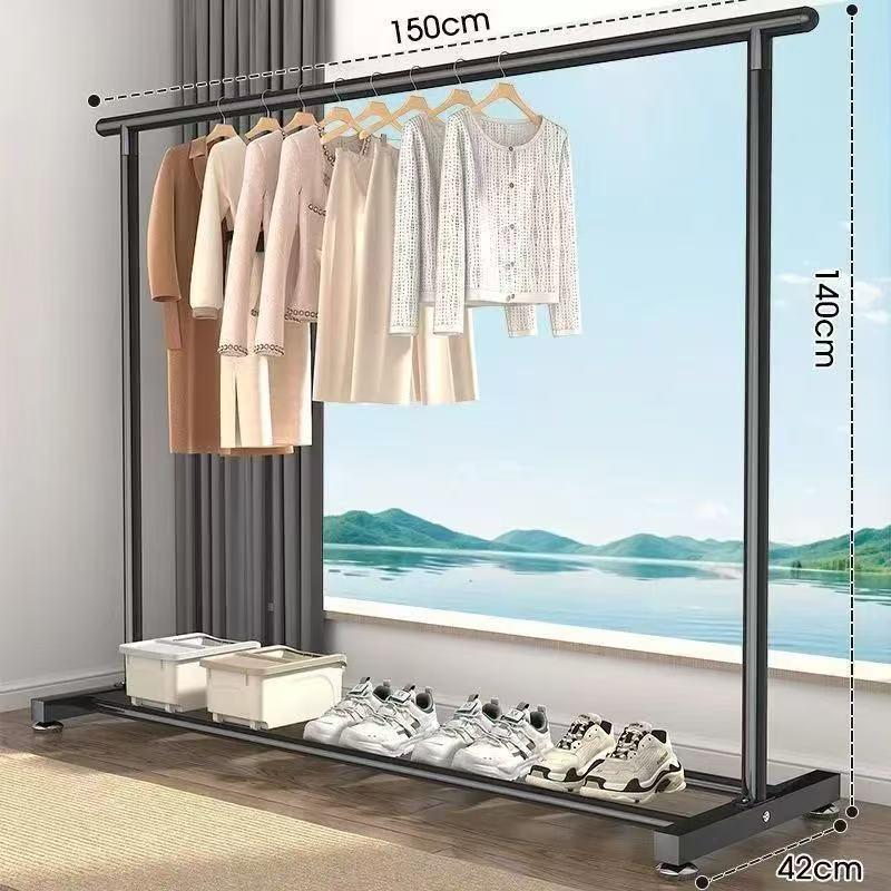 Sturdy Double Bar Wardrobe Rack for Dorms: Floor-Standing, Dual-Layer Clothes & Hat Hanger for Bedrooms and Balconies.