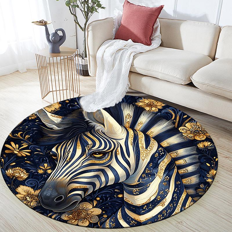 Golden Zebra Round Area Rug,Carpet Rug for Living Room Bedroom Sofa Playroom Decor,Non-slip Floor Mat