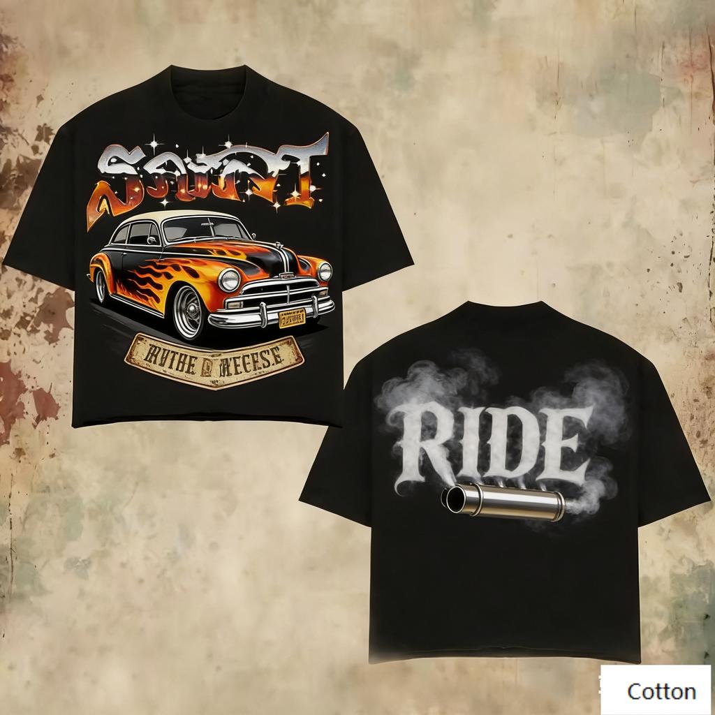 Oversized Black Cotton TShirt with Bold Hot Rod Car Graphic and RIDE Exhaust Design Unisex Streetwear Tee