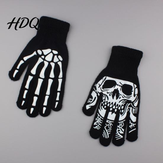 Funny Scary Party Costume Props Halloween Glow‑In‑The‑Dark Skeleton Knit Gloves Luminous Skull Bone Print Atmospheric Photo Full‑Finger