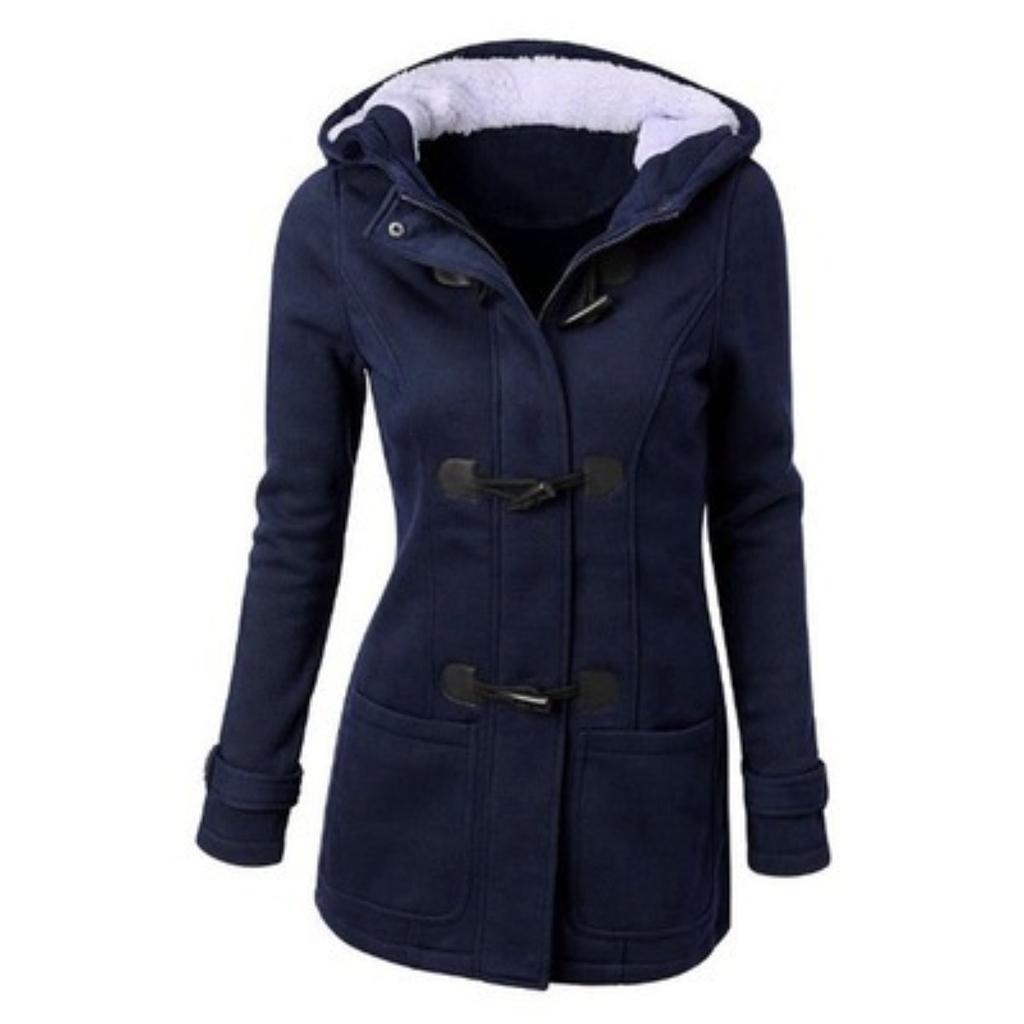Women's Cotton Blend Hooded Jacket 2025 Classic Horn Leather Buckle Zipper Coat Outerwear