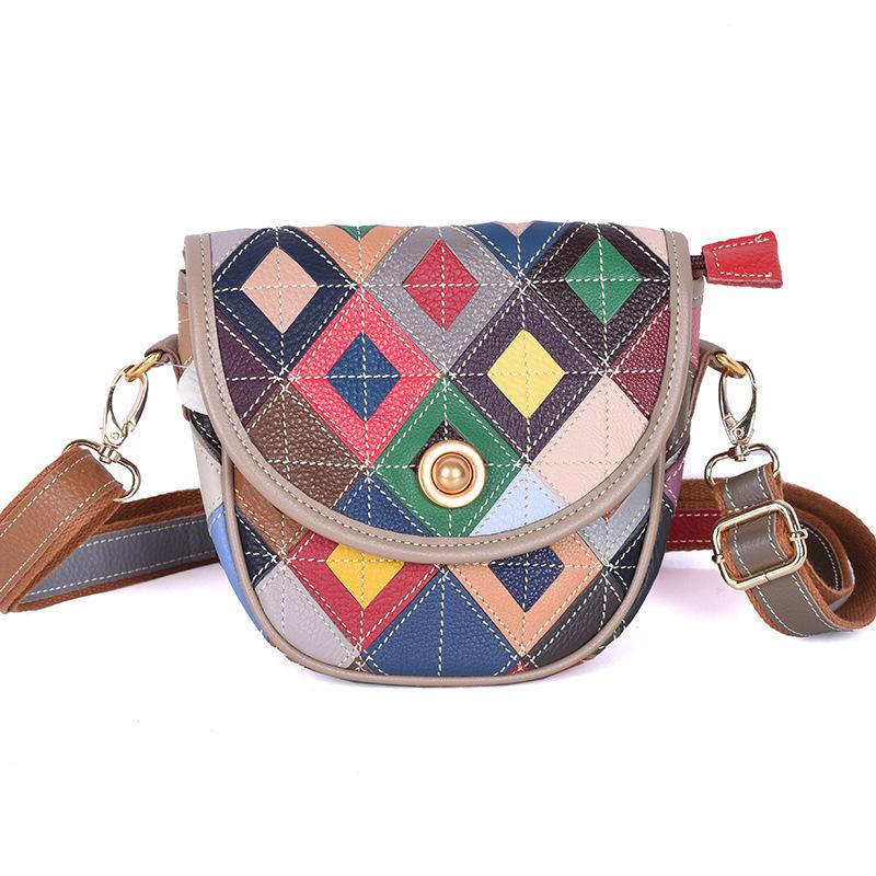 Vintage Genuine Leather Women's Small Bag Color Design Cowhide Ethnic Style Crossbody Bag Saddle Bag Women's Shoulder Bag