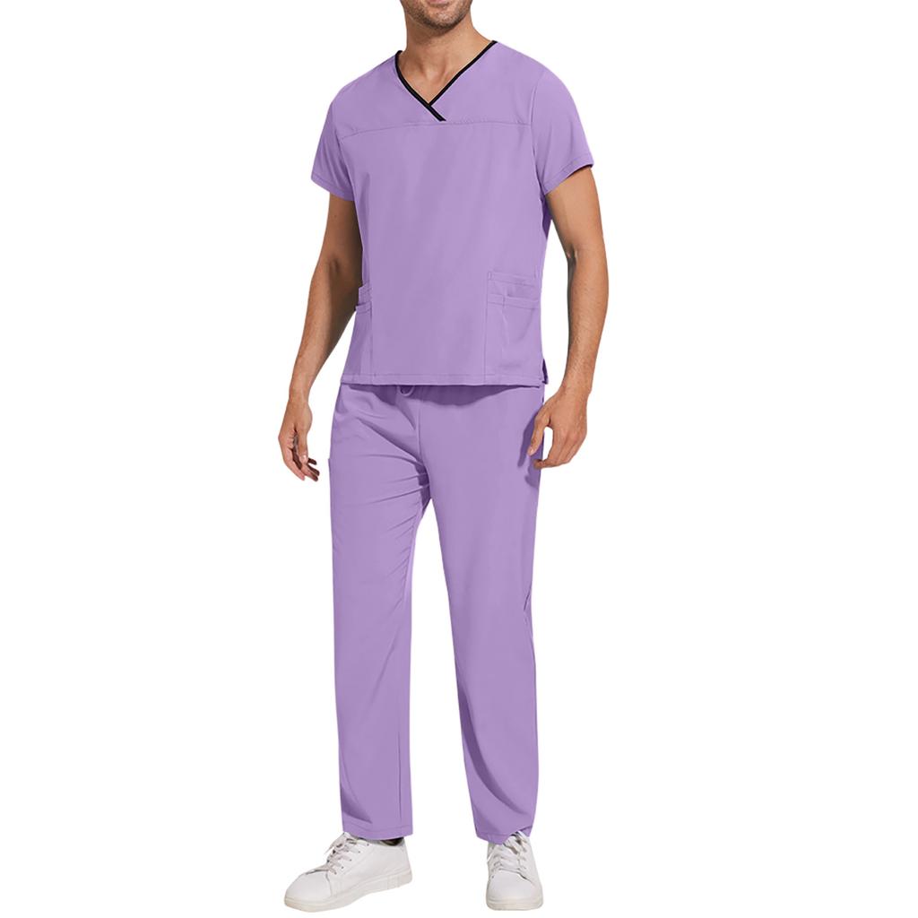 Pánský volný a pohodlný pracovní oděv s výstřihem do V a krátkým rukávem, vícekapsový kosmetický komplet