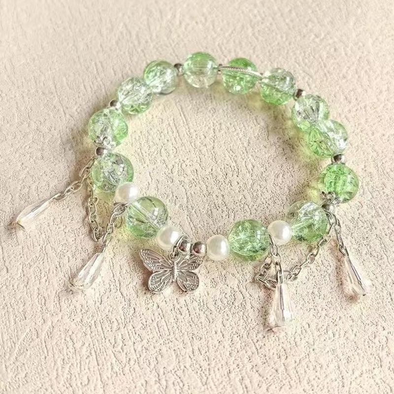 Korean Ins Pink Crystal Butterfly Pendant Beaded Bracelet For Women Girls Sweet Beaded Chain Bracelet Jewelry Gifts