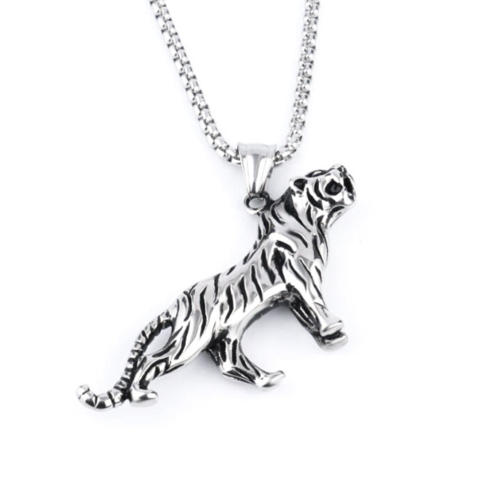 Vintage Punk Titanium Steel with Chain Tiger Leopard Zodiac Animal Jewelry Necklace