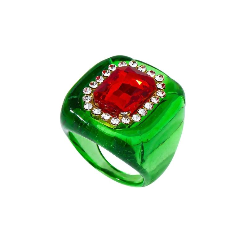 See-Through Resin Fashion Ring with Bold Square Profile, Raised Faceted Centerpiece and Accent Border for Outfit Styling