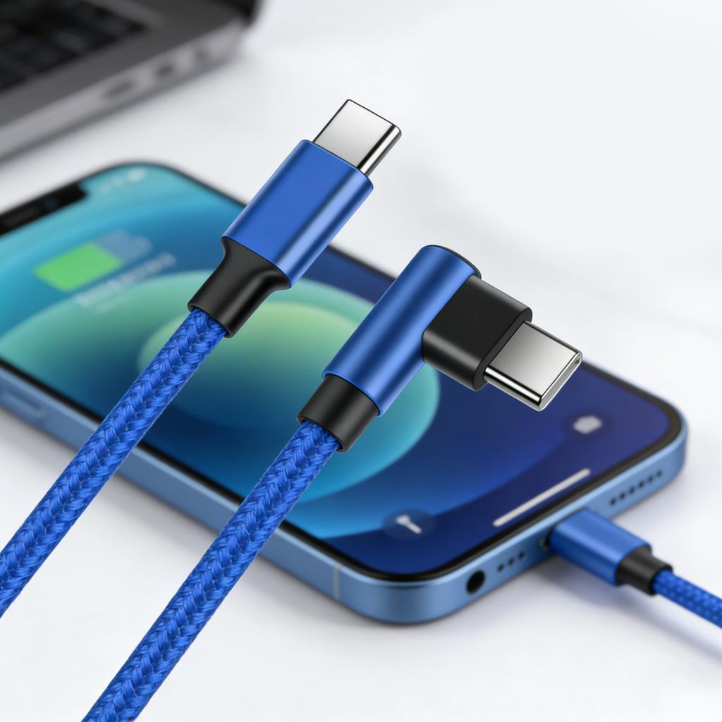 60W Power Delivery Type C Cable Right Angle Connector Nylon Braided Fast Charge And Data Cord For Phone Pad