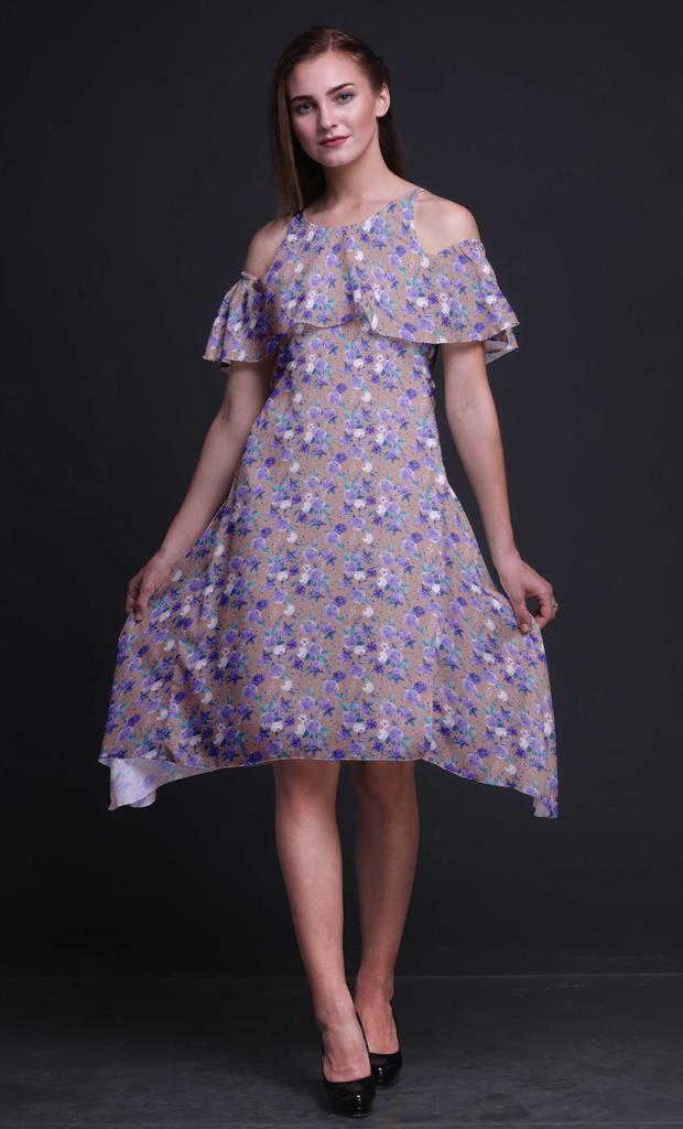 Bimba Floral Print Cold Shoulder Women Swing Tunic Flutter Sleeve Midi