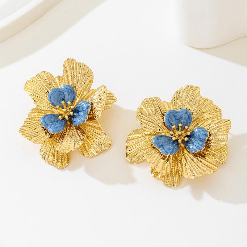 Vintage Blue Drip Oil Stamen Stud Earrings for Women Exaggerated Metal Large Flower Personality Earrings Fashion Jewelry Gifts