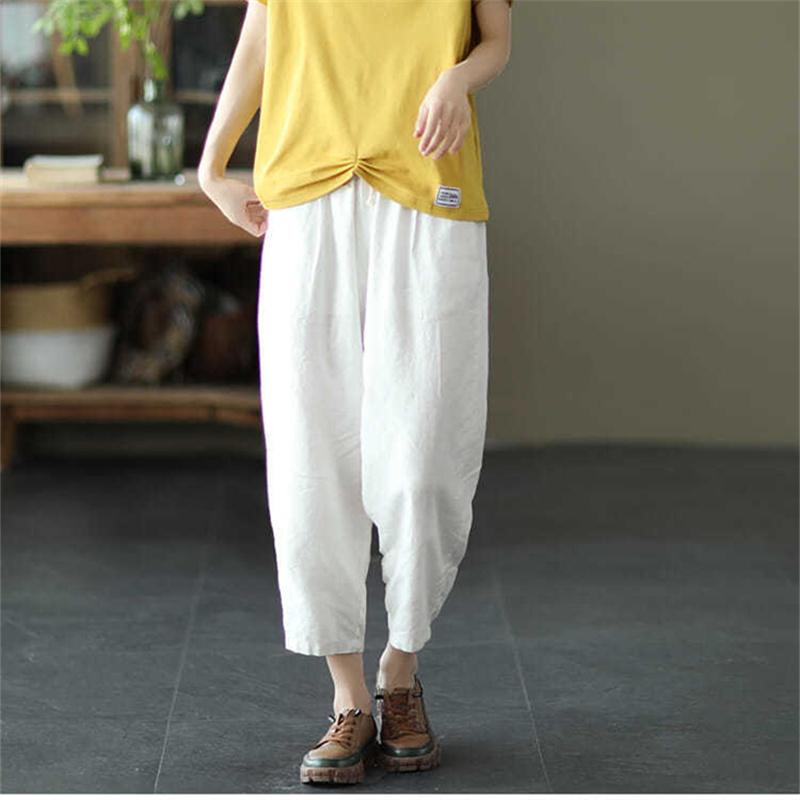 Harajuku Summer High Waist Elastic Women's Cotton Linen Wide Leg Capris Pants for Women Baggy Harem Pants Woman Trousers