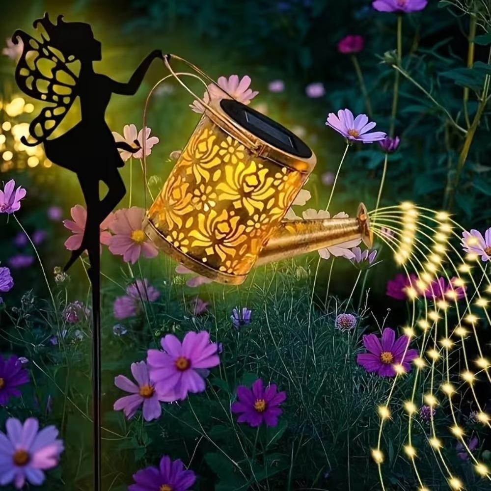 Outdoor Solar Watering Can Lights, Waterfall LED String Fairy Lights, Garden Kettle Projection Decorative Lights