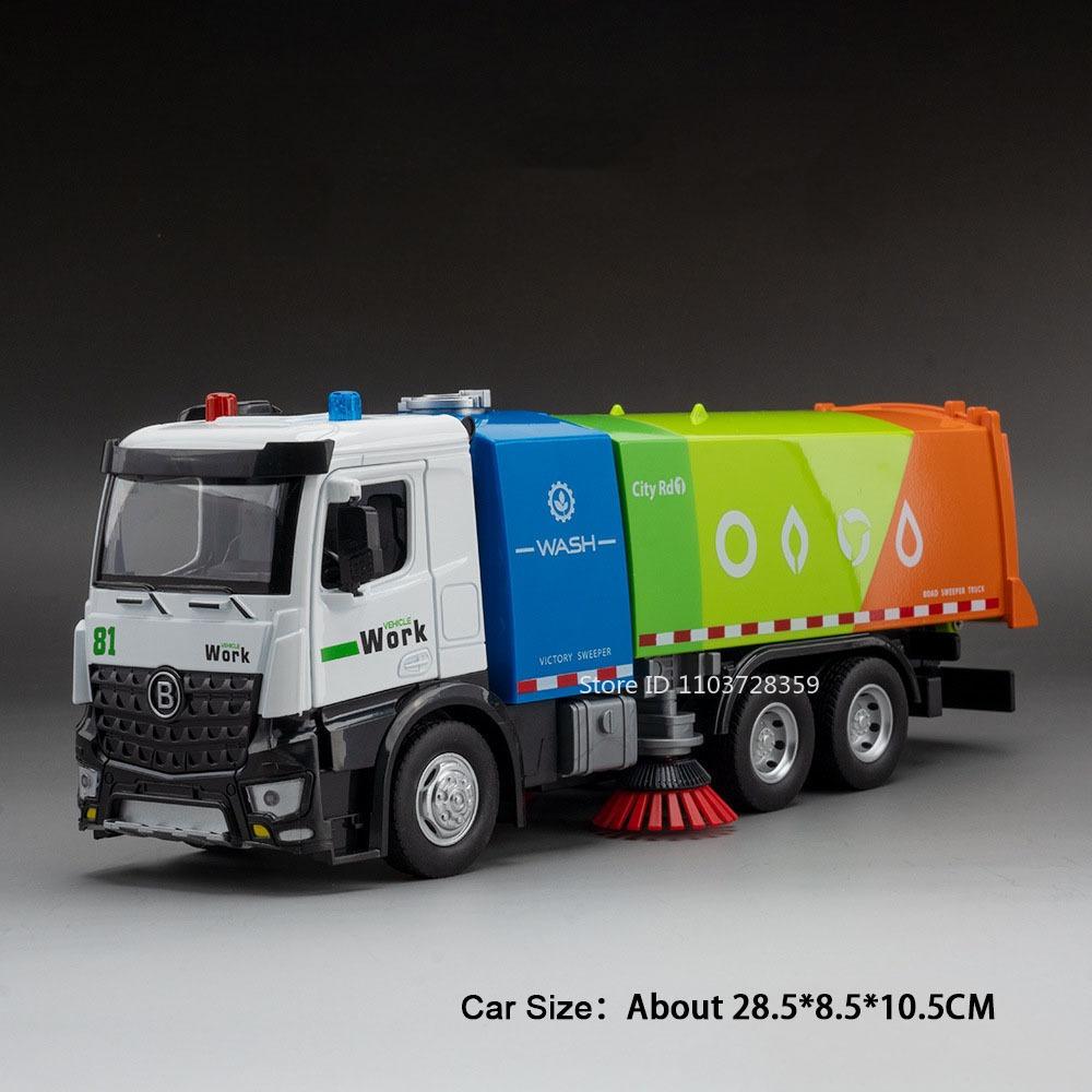1:24 Alloy City Sprinkler Vehicle Toy Models Metal Diecast Sanitation Sweeper Sound Light Doors Opened Engineering Vehicle Gifts
