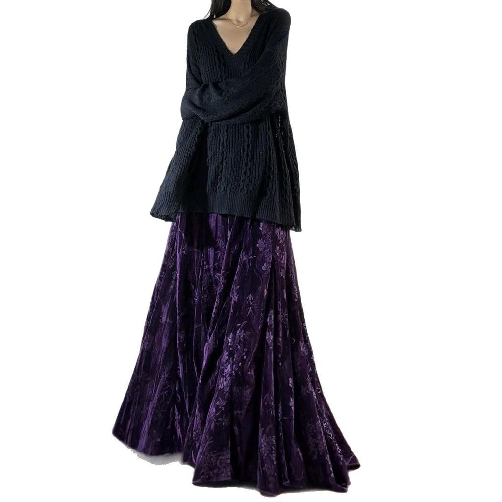 Women's High Waist Velvet Umbrella Skirt - Chinese Style, Thickened, Ankle-Length, Hip-Covering, Slimming Fit for Autumn/Winter.