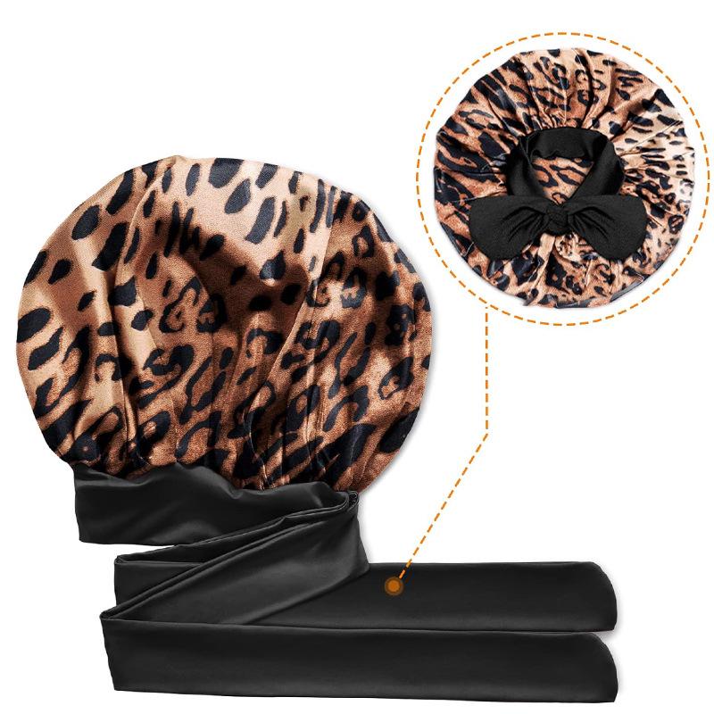 Leopard Print Wide Brim Sleep Cap with Bowknot - Faux Silk Hair Care Turban