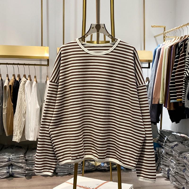 Women's Korean Blue & White Striped Round Neck Hoodie – Chic, Relaxed, Loose Fit for Early Spring