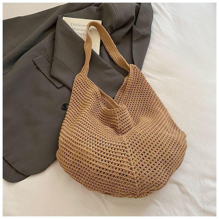 Bolso de punto versátil para mujer con bloques de color - Bolso de hombro individual calado para la playa o el trayecto