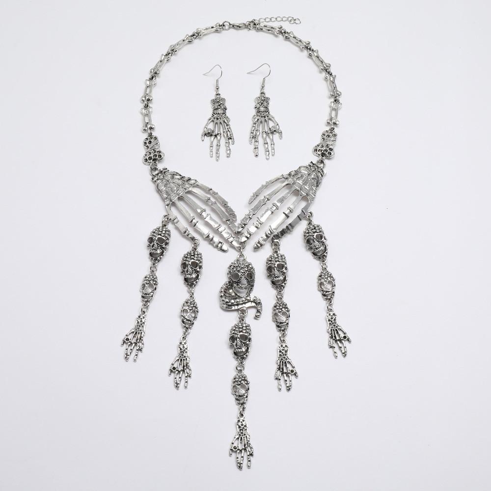 Fashion Hand Bone Women Necklace And Earring Set With Skeleton Tassel Design For Gothic Party Accessories
