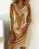 Women's Autumn/Winter Velvet Dress - Solid Color Swing Collar with Long Sleeves