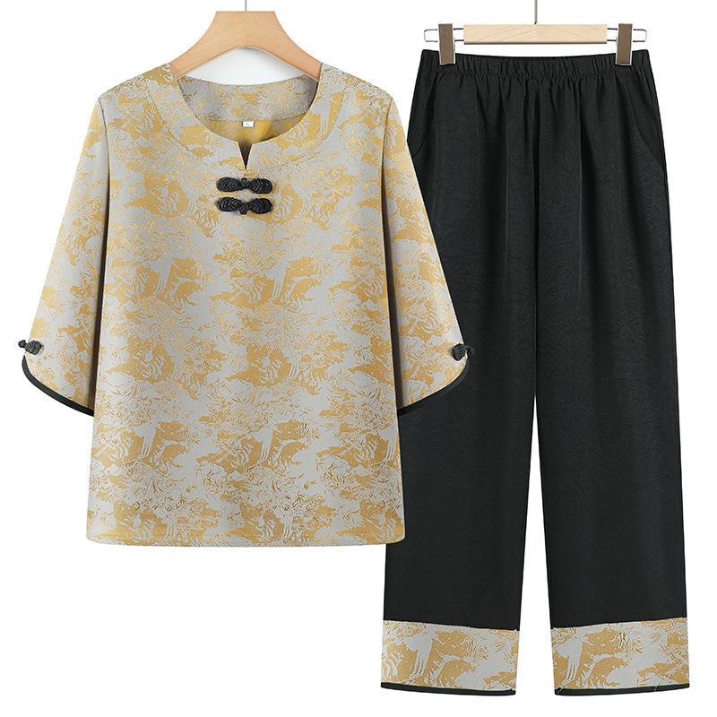 

2026 New Style Summer Outfit: Women s Seven-Point Sleeve Pullover Two-Piece Set for Middle-Aged & Elderly 5XL (Up to 155 pounds) жёлтый