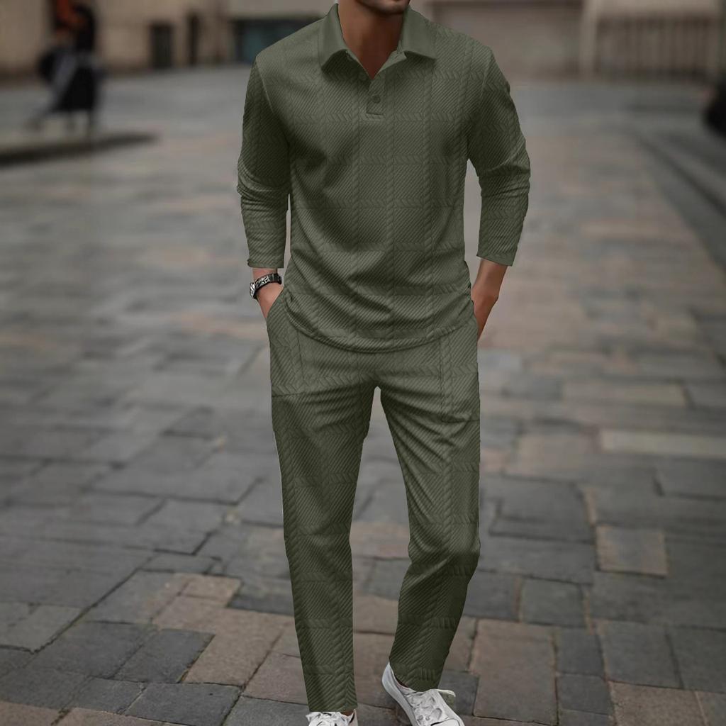 New Summer Fashion Short-sleeved Men's Casual Shirt Solid Color Half-sleeved Long Pants Two-piece Set