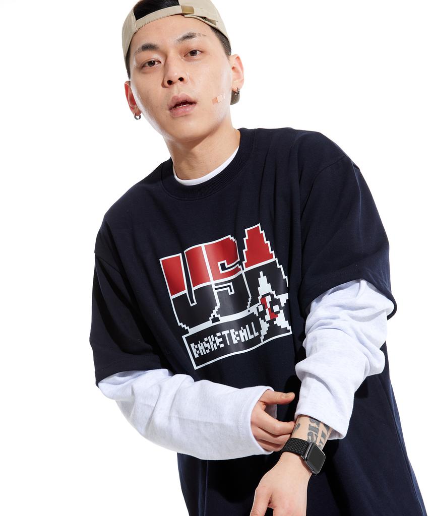 STUFF X Ju Jae-Beom Pixel Dt Logo Layered Long Sleeve T-Shirt Navy